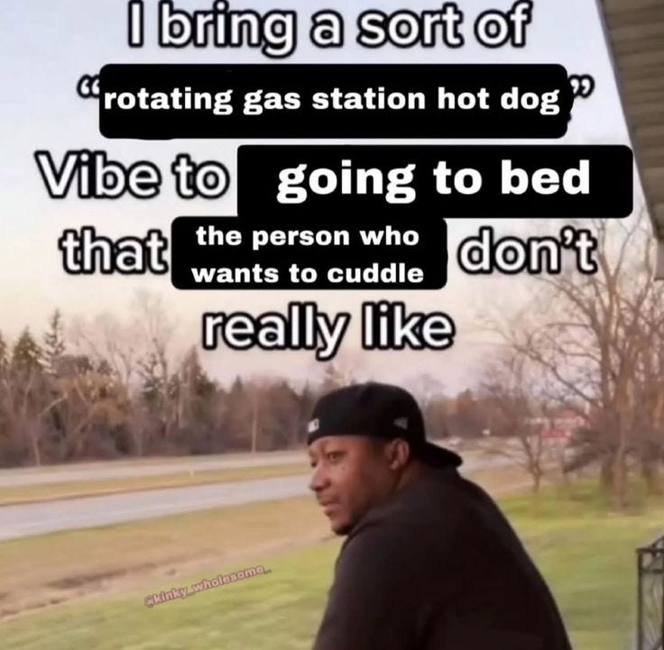 A person wearing a black cap and jacket stands outdoors on a grassy area near a road, with trees and a house visible in the background. Text overlays the image, reading "I bring a sort of 'rotating gas station hot dog' vibe to going to bed that the person who wants to cuddle don\'t really like." A watermark "@chabazite_raisinchoirgirl" is present.