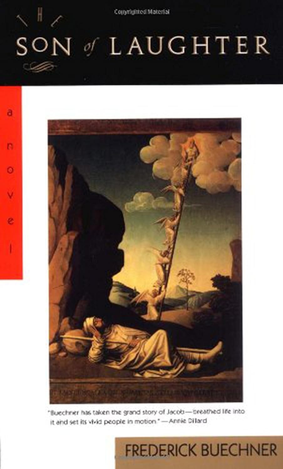 Book cover for "The Son of Laughter" by Frederick Buechner, featuring a painting of Jacob watching as angels ascend a ladder.