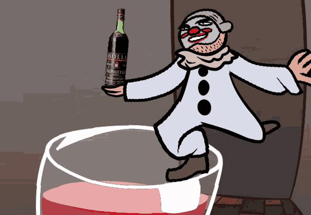 a cartoon of a clown holding a bottle of bolle a cartoon of a clown holding a bottle of bolle