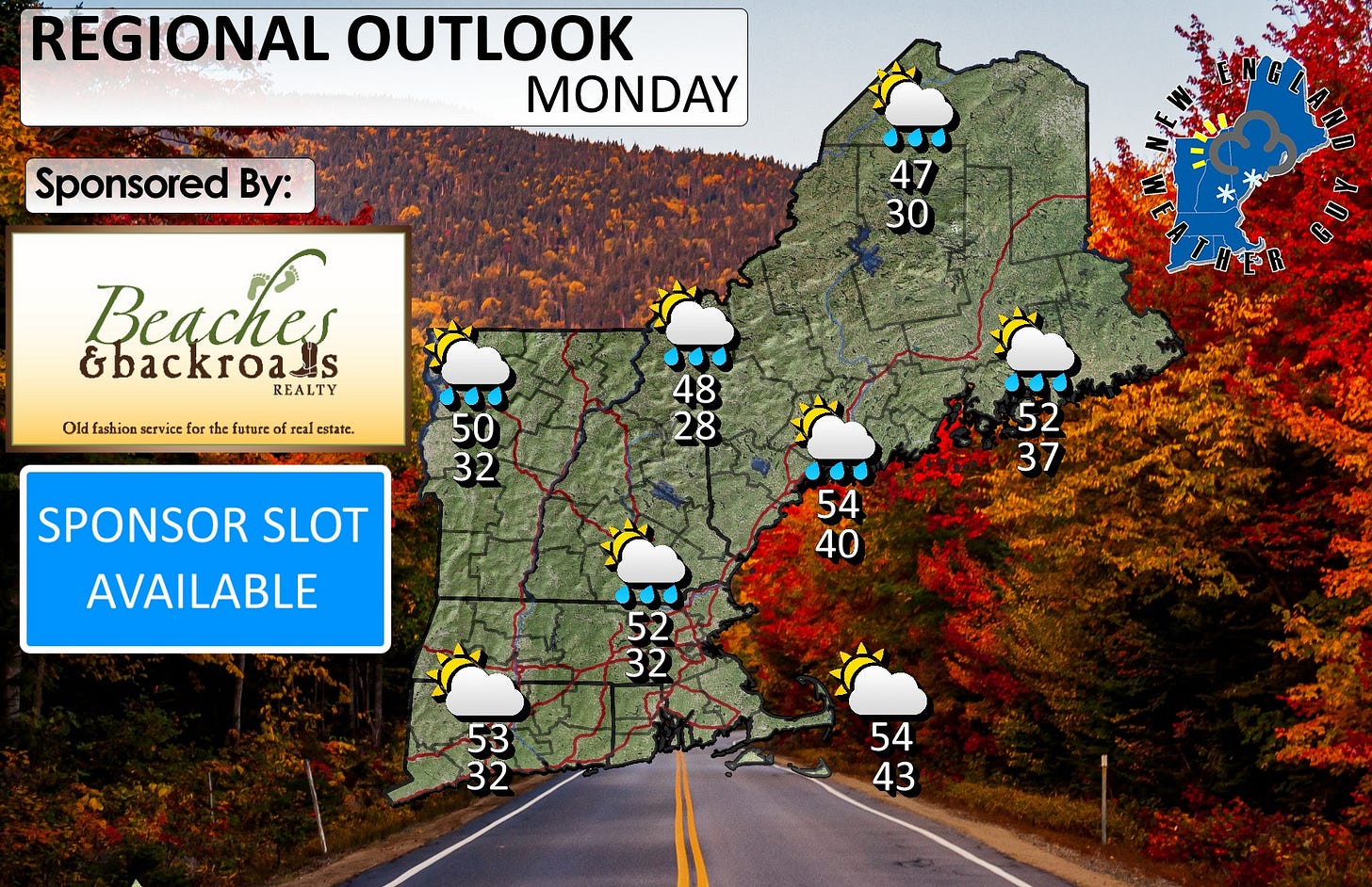 May be an image of map, road and text that says 'REGIONAL OUTLOOK MONDAY Sponsored By: 47 30 Beaches &backroads S REALTY Old fashion service or th the future of real estate. 50 32 48 28 SPONSOR SLOT AVAILABLE 52 37 54 40 52 32 53 32 54 43 หลียภ 강가볶이'