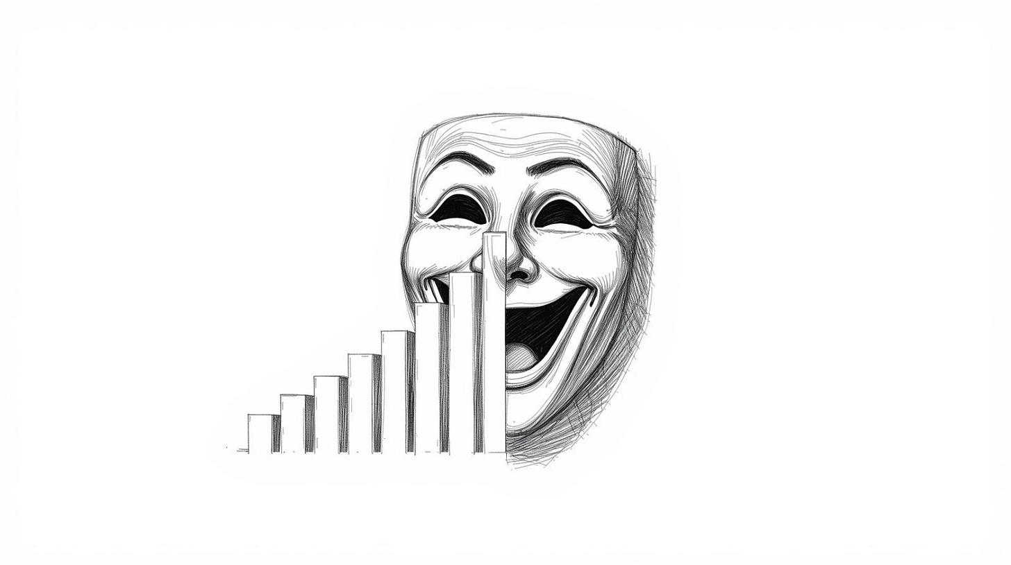Comedy theater mask with a rising bar chart emerging from its laughing mouth

