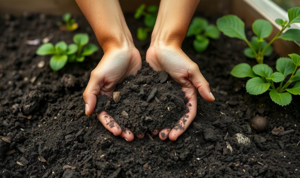 bare hands in the dirt above a raised garden bed
