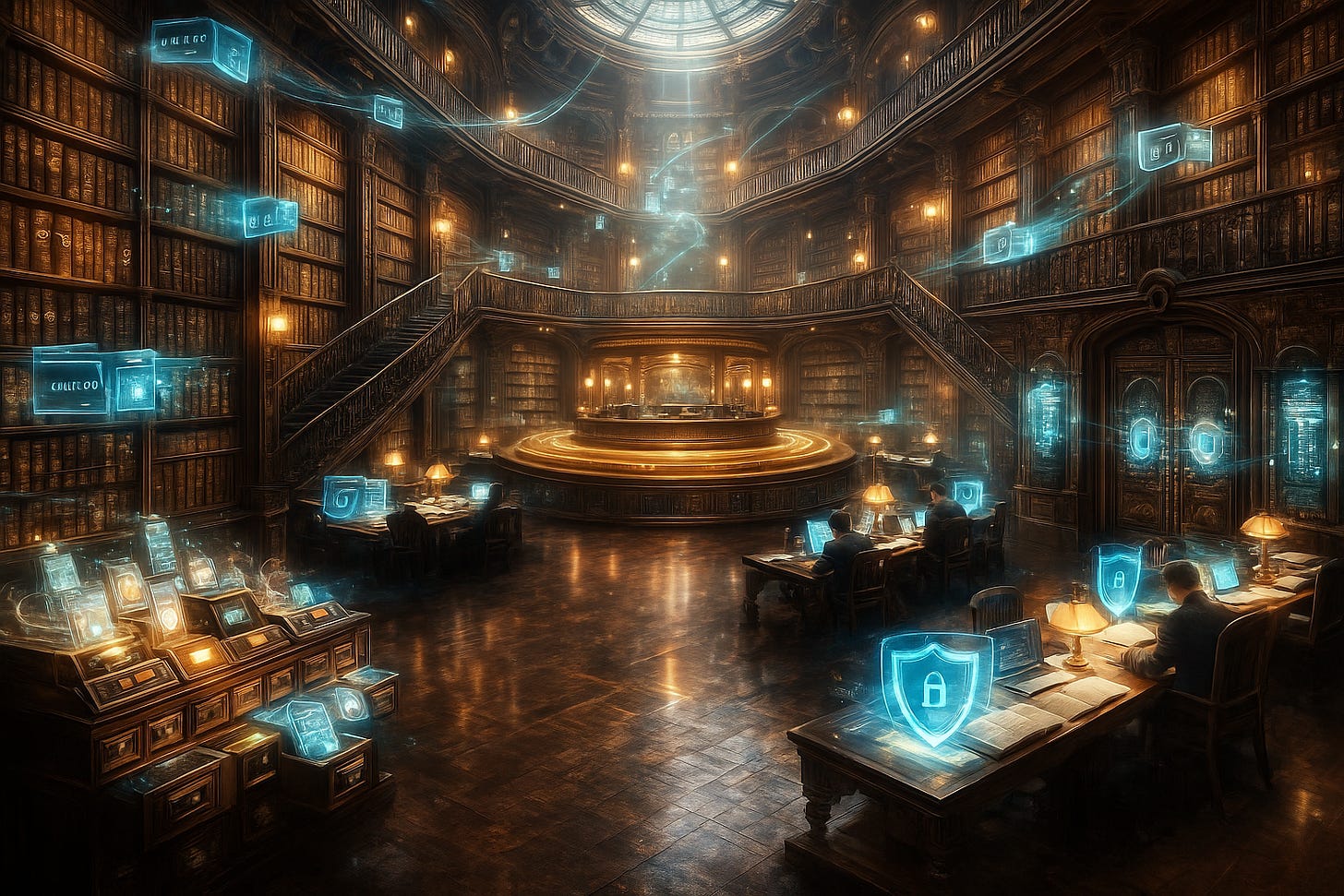 Grand library with glowing blue authentication tokens and shields floating above reading desks. Grand library with glowing blue authentication tokens and shields floating above reading desks.