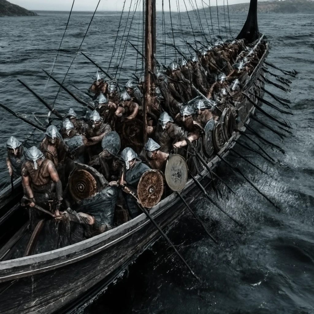 Viking boat full of viking warriors ready for battle with shields and axes Viking boat full of viking warriors ready for battle with shields and axes