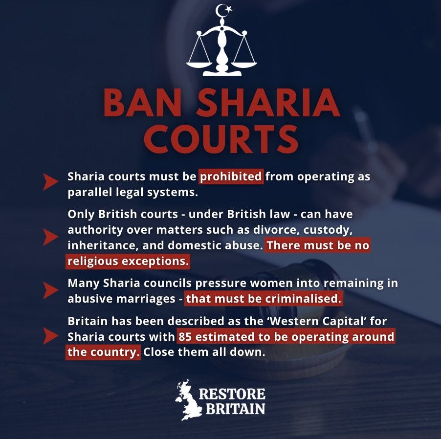 May be an image of text that says "BAN SHARIA COURTS Sharia courts must be prohibited from operating as parallel legal systems. Only British courts under British law can have authority over matters such as divorce, custody, inheritance, and domestic abuse. There must be no religious exceptions. Many Sharia councils pressure women into remaining in abusive marriages that must be criminalised. Britain has been described as the 'Western Capital' for Sharia courts with 85 estimated to be operating around the country. Close them all down. RESTORE BRITAIN"