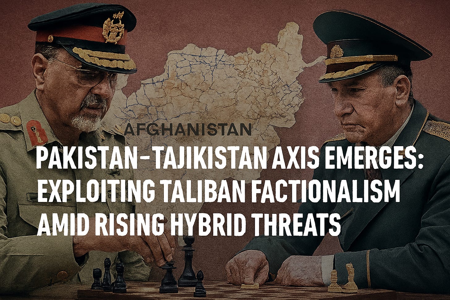 A symbolic illustration showing Pakistan and Tajikistan military leaders shaking hands in front of maps of Afghanistan and Central Asia. In the background, shadowy figures representing Taliban factions and resistance groups highlight internal rivalries. The design should feel geopolitical, strategic, and tense, with muted colors and a professional intelligence-report style.