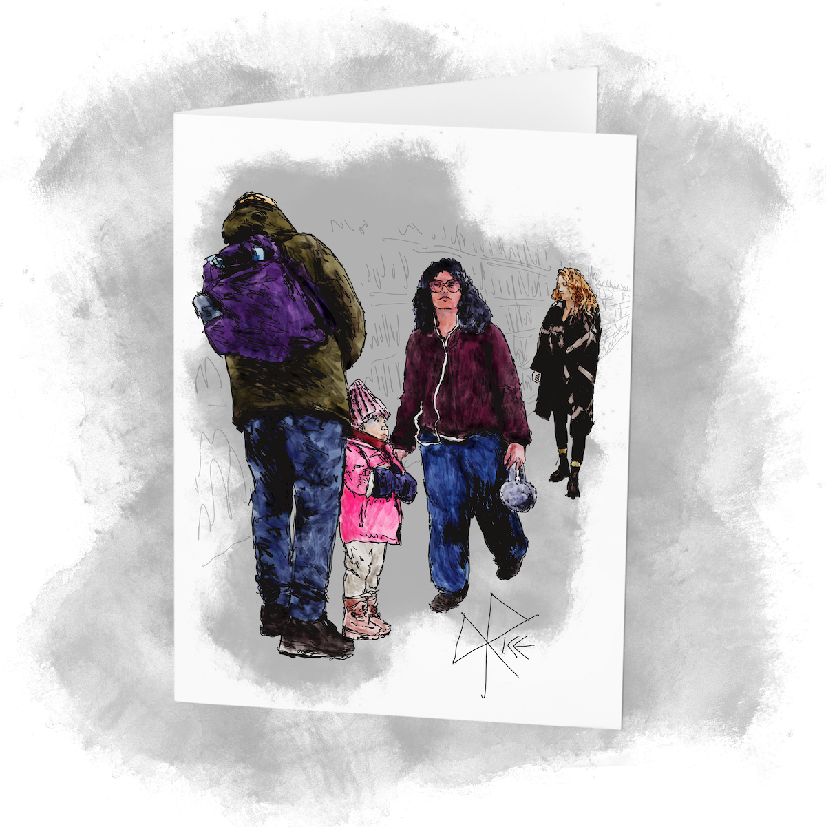 A view down an aisle in a store as people in winter clothes walk and shop. Sketch art by Don Rice.