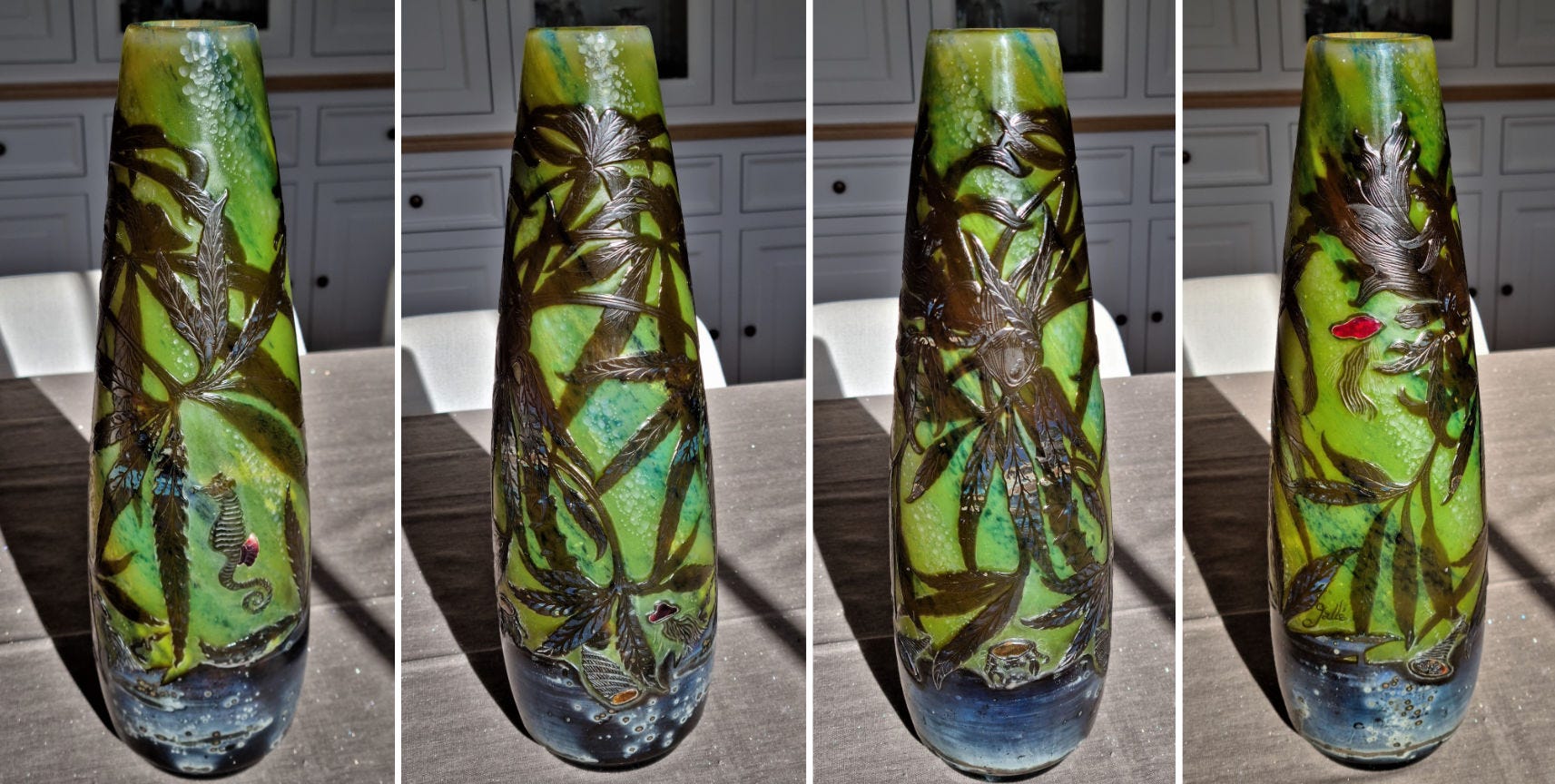Undersea Helleborus Foetidus (sic), Gallé-signed three-layers glass, acid-etched an wheel-carved, with intercalated oxydes, glass applications, and metallic precipitate on the lower body, private collection. Undersea Helleborus Foetidus (sic), Gallé-signed three-layers glass, acid-etched an wheel-carved, with intercalated oxydes, glass applications, and metallic precipitate on the lower body, private collection.