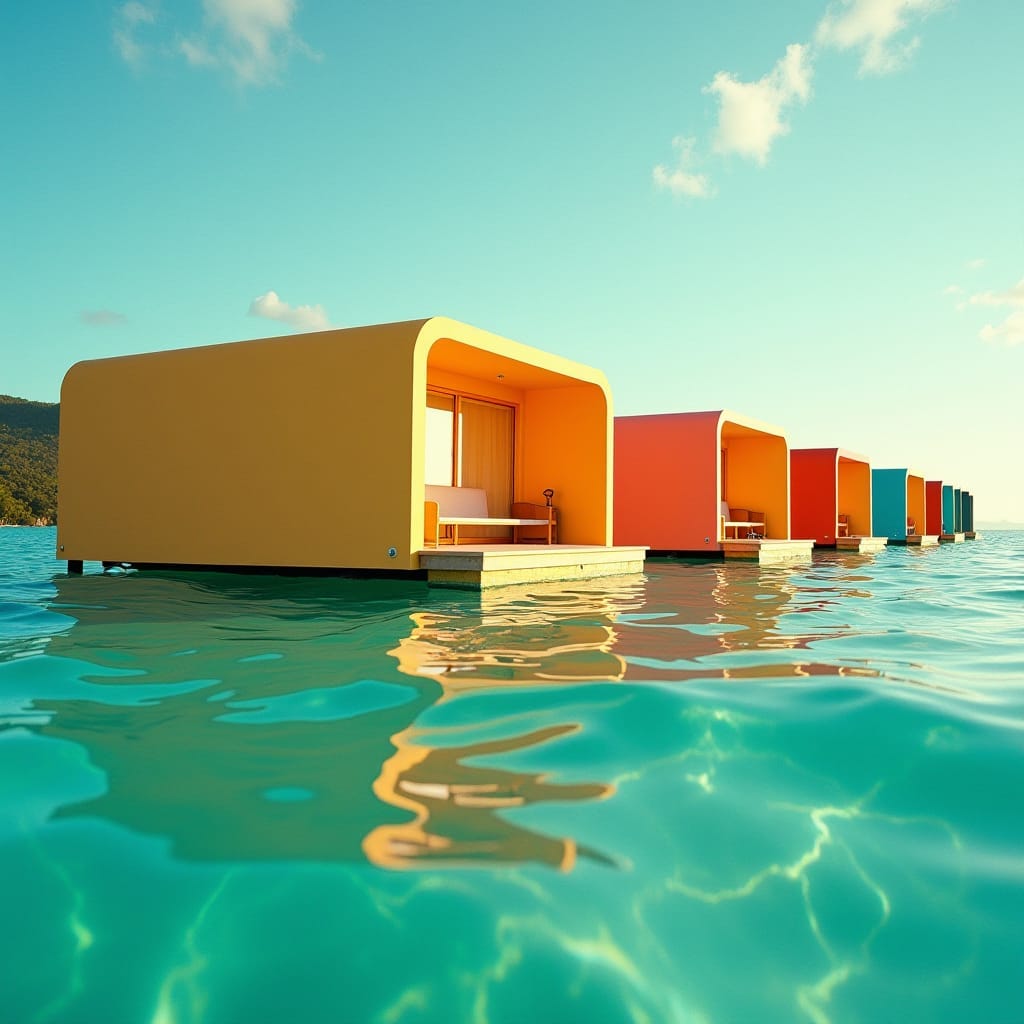 Modern, sleek, and eco-friendly floating prefab homes nestled in the vibrant cityscape of Mobay, Jamaica, surrounded by turquoise waters and lush greenery, with a sense of serenity and harmony. Soft, warm light casts a golden glow on the futuristic dwellings, accentuating their angular lines and minimalist aesthetic. The atmosphere is tranquil, with a few sailboats drifting lazily in the distance, their sails billowing in the gentle Caribbean breeze.