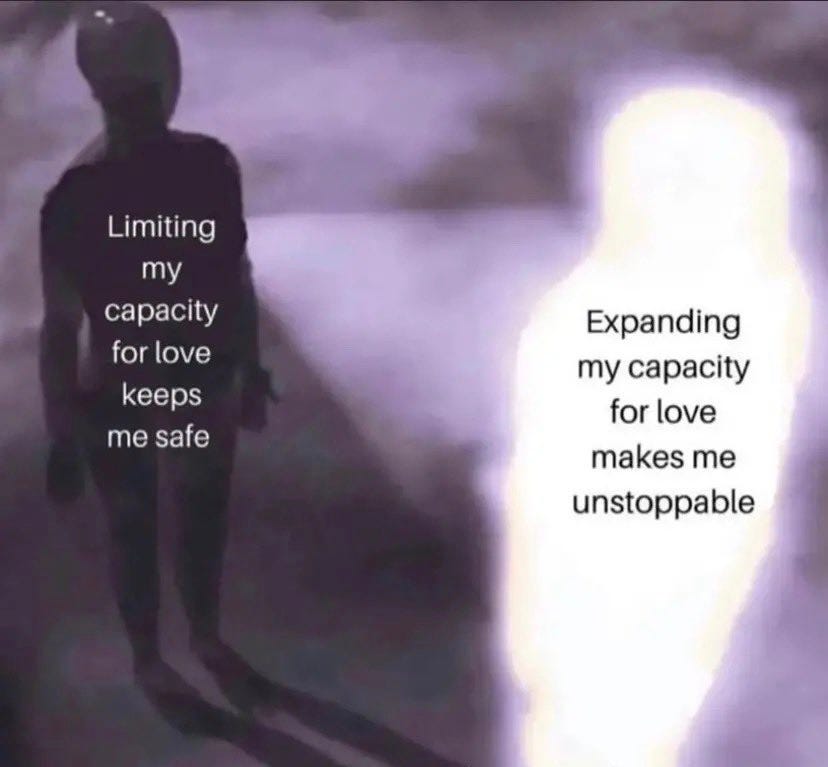 An image of two figures against a blurry purple-ish background. The shadowy figure on the left is overlaid with text reading "Limiting my capacity for love keeps me safe". The bright glowing figure on the right which appears to be projected from the shadowy figure is overlaid with text reading "Expanding my capacity for love makes me unstoppable".