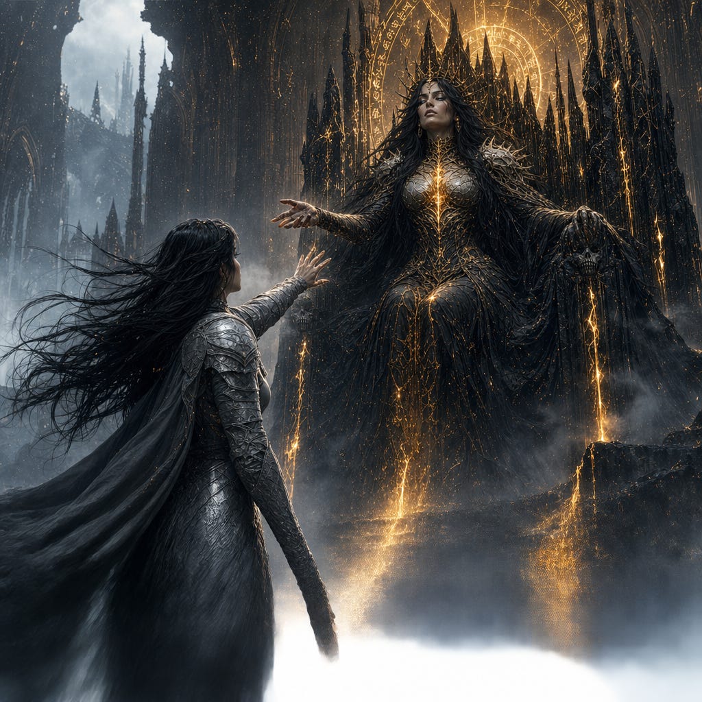 Clarion standing before her own Amber Temple divine form seated on the obsidian-and-molten-gold throne, mortal Clarion in silver armor with long black hair reaching toward the towering radiant divine version, divine runes fading, molten gold cooling, dawn-gray mist entering the hall, moment of rejecting divinity and choosing mortality, fully original faces