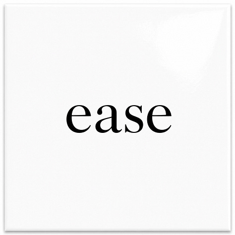 Six glossy white square cards arranged in two rows of three. Each card has one centered lowercase word in black serif type. From left to right, the top row reads: cease, release, peace. The bottom row reads: ease, receive, increase.
