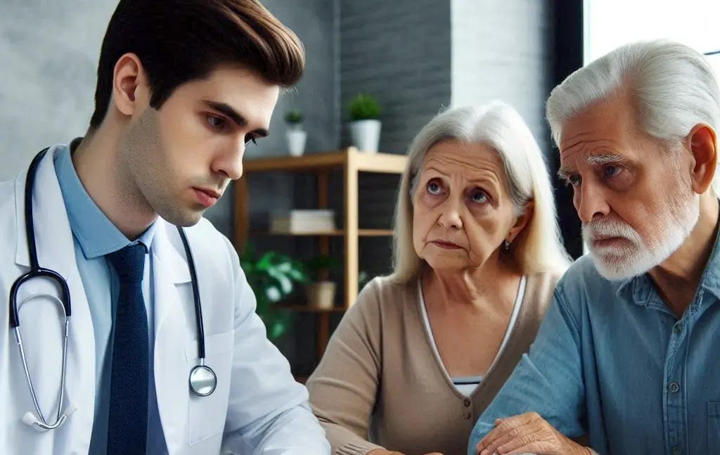 A caring doctor discusses health concerns with an elderly couple, offering support and guidance.