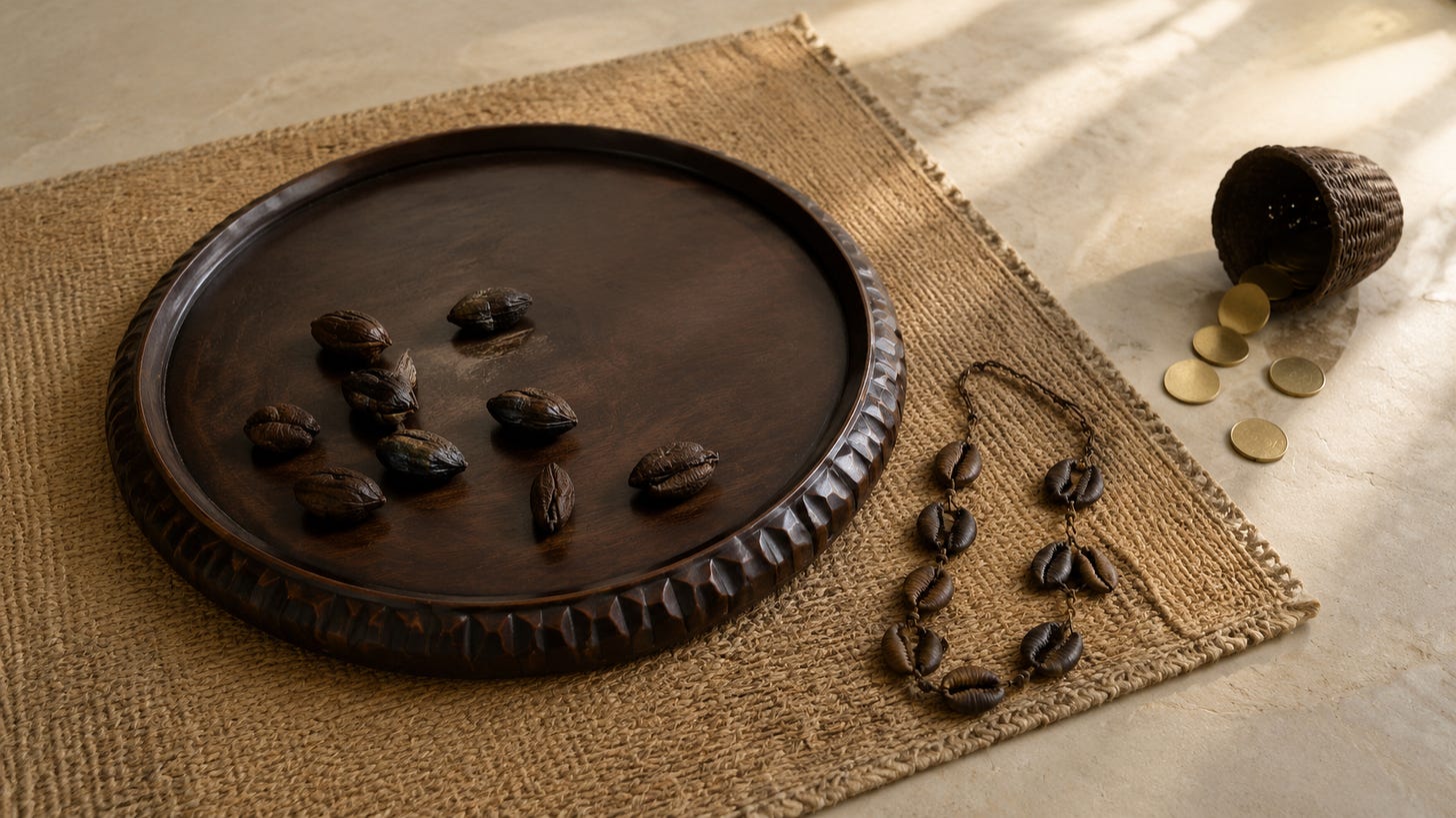 A modern Ifá workspace with a wooden ọpọ́n Ifá, ikin and an ọ̀pẹ̀lẹ̀ beside a tipped woven basket and a few gold coins on a pale stone floor. A modern Ifá workspace with a wooden ọpọ́n Ifá, ikin and an ọ̀pẹ̀lẹ̀ beside a tipped woven basket and a few gold coins on a pale stone floor.