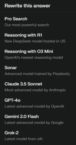 Perplexity offers a variety of AI models
