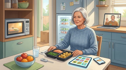 A woman with a pre-packaged dinner in front of her. A woman with a pre-packaged dinner in front of her.