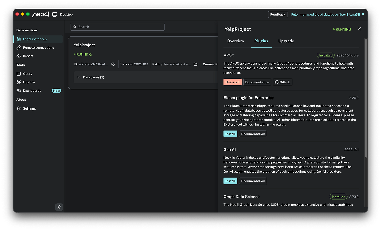 The Neo4j Desktop interface showing the Plugins tab with green “Installed” checkmarks next to APOC and Graph Data Science