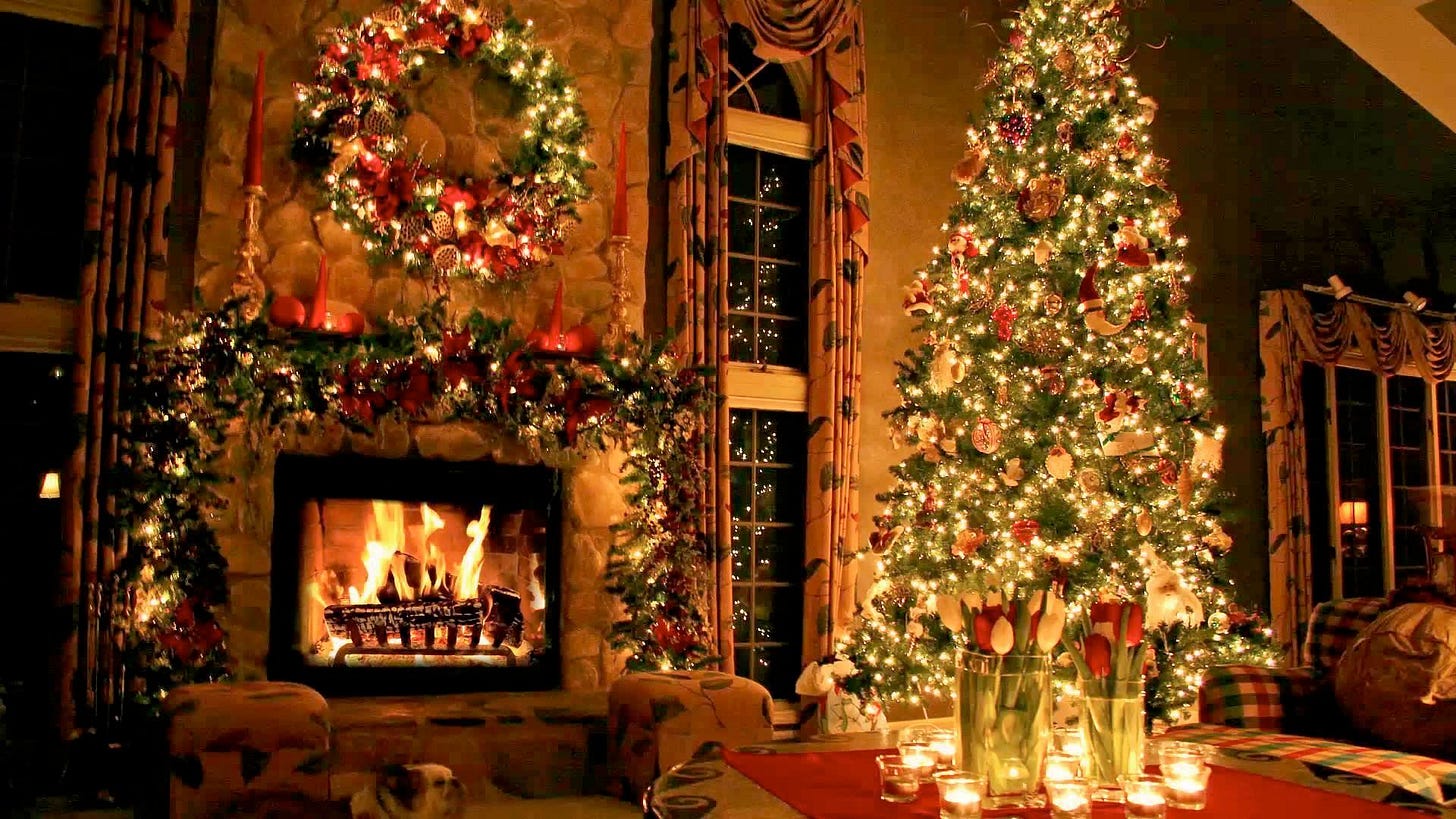 May be an image of christmas tree, candle holder, lighting and hearth