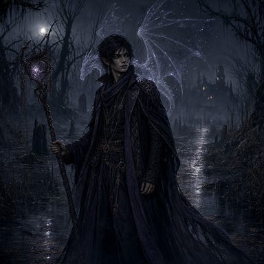 Felonious with ink‑black tousled hair, pale parchment skin, and large storm‑glass eyes, standing in a Barovian swamp path at night; his slender scholar’s frame wrapped in layered velvet and wool in shades of ink, ash, and violet‑gray; a translucent silver‑blue spirit dragon perched on his shoulder, wings scattering motes of light; his staff glowing faintly; Gothic mist‑drenched atmosphere; original face with elven‑touched delicacy