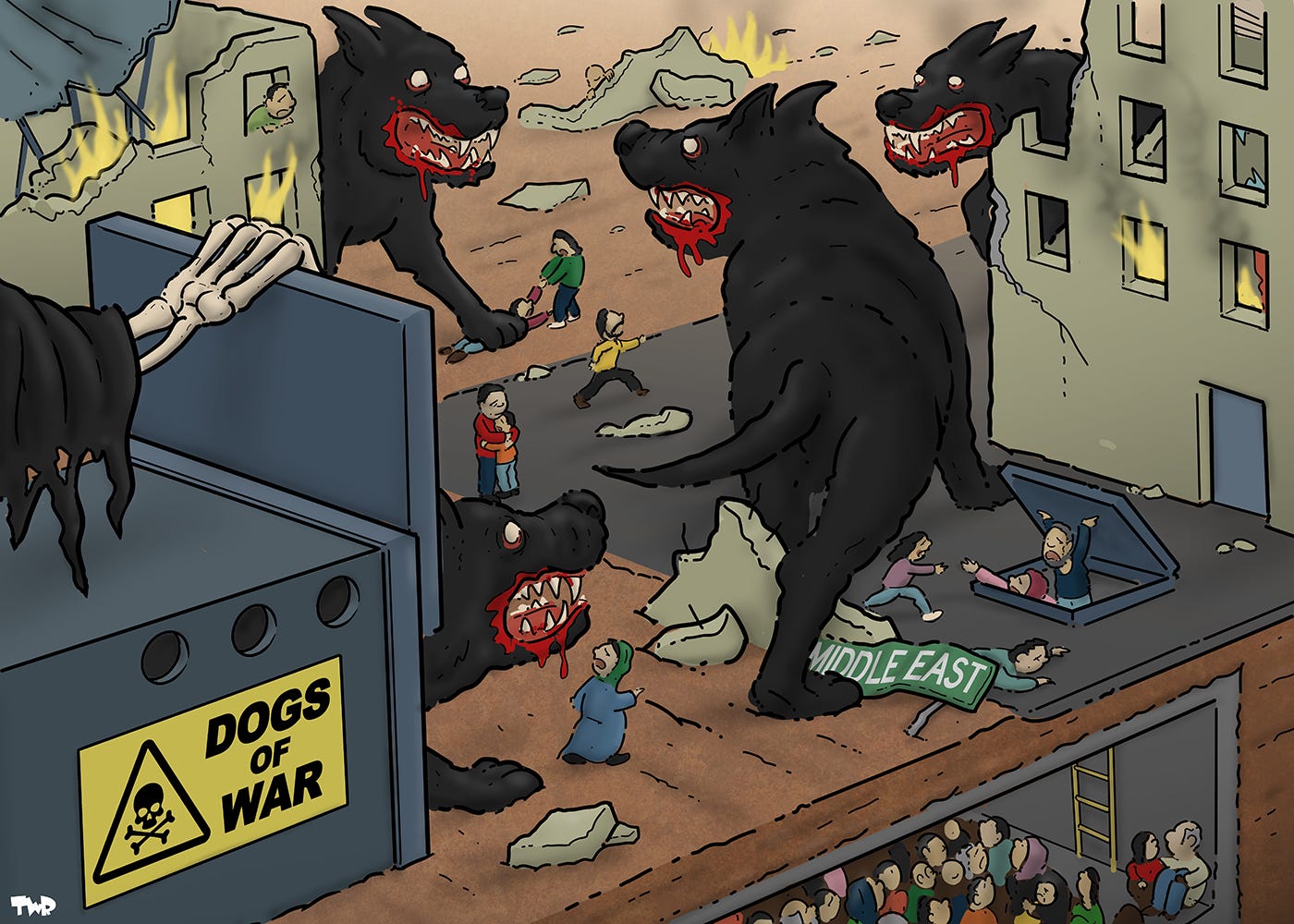 Cartoon showing the skeletal hand of the Grim Reaper opening a cage, and setting free several giant, vicious black dogs with blood around their muzzles. The dogs are roaming through a devastated cityscape, while people are running for their lives, trying to reach an underground shelter. One of the dogs has trampled a sign that reads 'Middle East'.