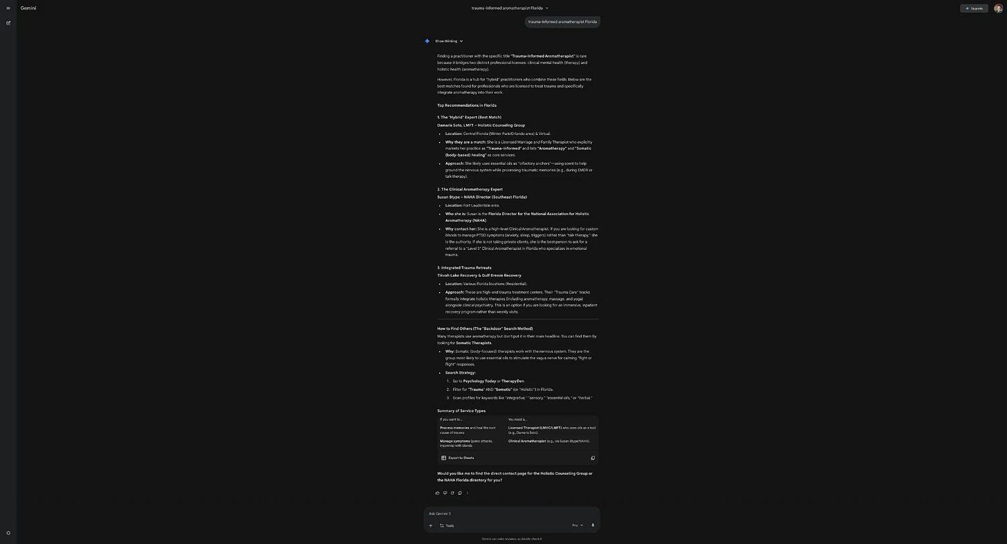 The Visible Practitioner GEO case study screenshot January 2026. Gemini AI search results showing licensed therapists.