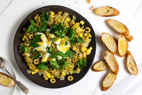 3 photos left to right: Summer squash caponata in a bowl with crostini, a black and white photo of Mary Oliver and her dog, the yellow, black, and white logo for The New Yorker's Critics at Large Podcast