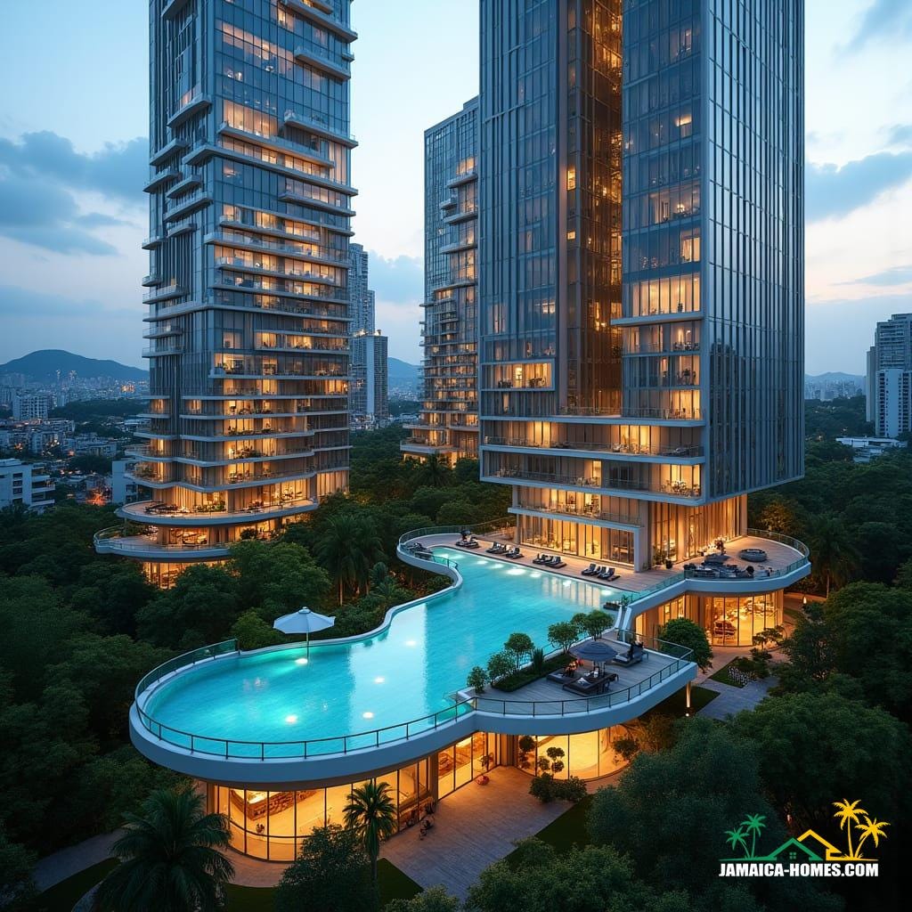 Modern development schemes in Kingston, Jamaica, are starting to embrace sleek, futuristic designs made from lots of glass, making buildings look open, bright, and reflective of the beautiful Caribbean surroundings. These developments often feature unique swimming pools—not only on the ground but also on the rooftops, offering amazing views of the city and the ocean. Rooftop pools add a luxury feel and make the most of space in urban areas where land is limited. These buildings also focus on sustainability by including systems for water harvesting, which means they collect rainwater to use for things like watering plants or flushing toilets. Solar panels are installed on the roofs to capture the abundant Jamaican sunlight, turning it into electricity to power lights, appliances, and even air conditioning. On the ground floor, you’ll often find shops, cafes, and other small businesses that create a lively, convenient spot for residents and visitors to gather, dine, or shop. This blend of glass architecture, rooftop pools, and eco-friendly features makes these new developments both stylish and environmentally responsible, perfectly suited for modern living in Kingston.