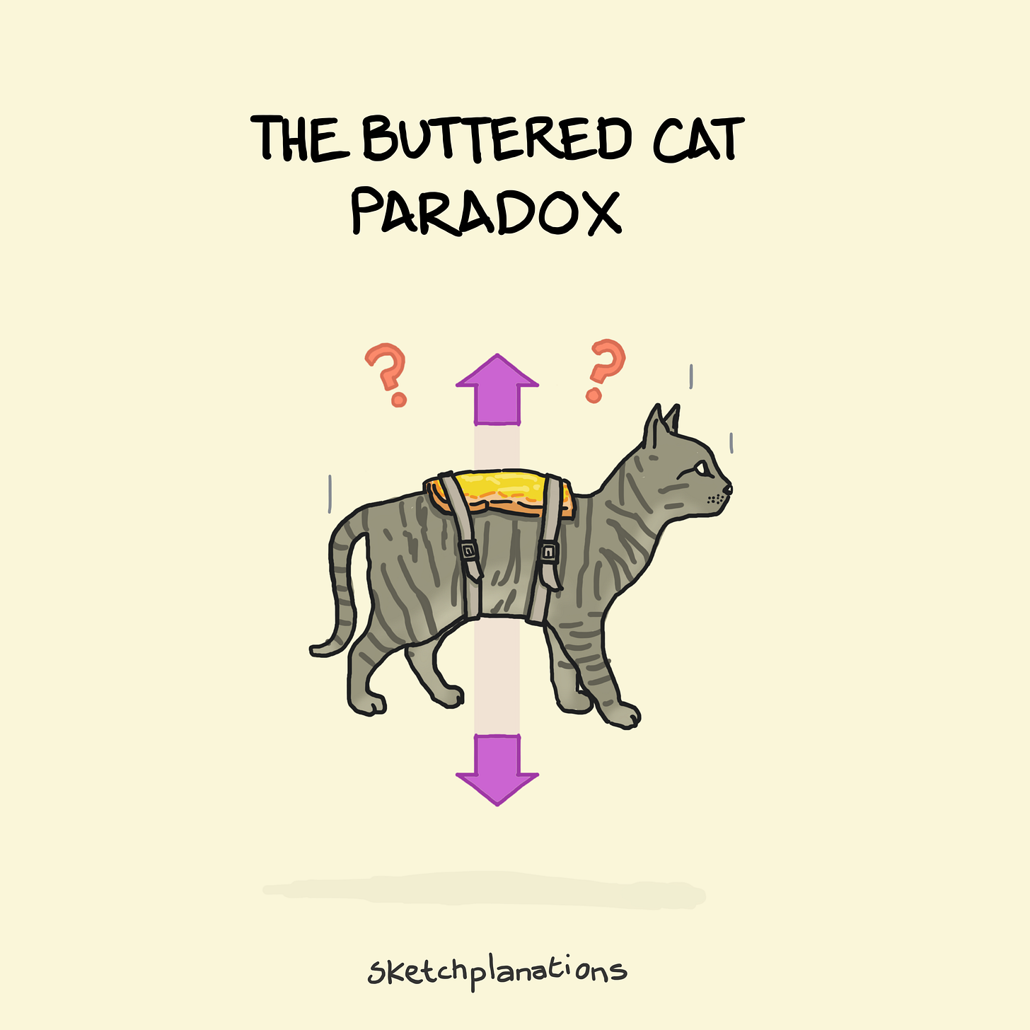 The Buttered Cat Paradox with a lone falling cat with buttered toast strapped to its back