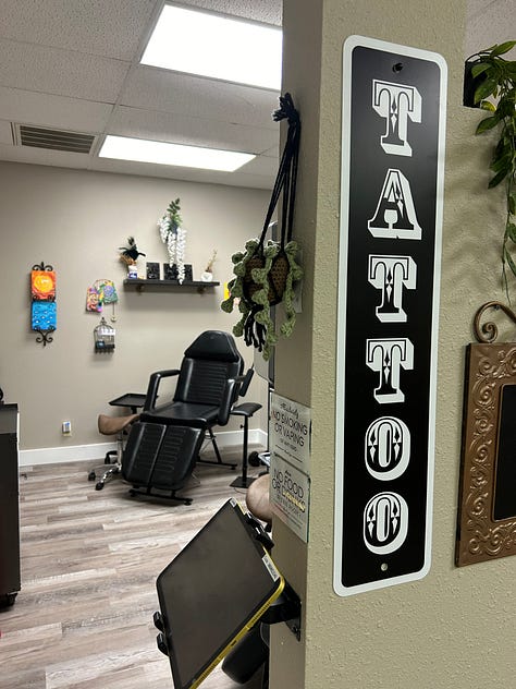 Collage of five images including a tattoo chair, women's clothing mannequin, display of earrings, greenery wall in a craft room, and small room with a sign that says "tarot".