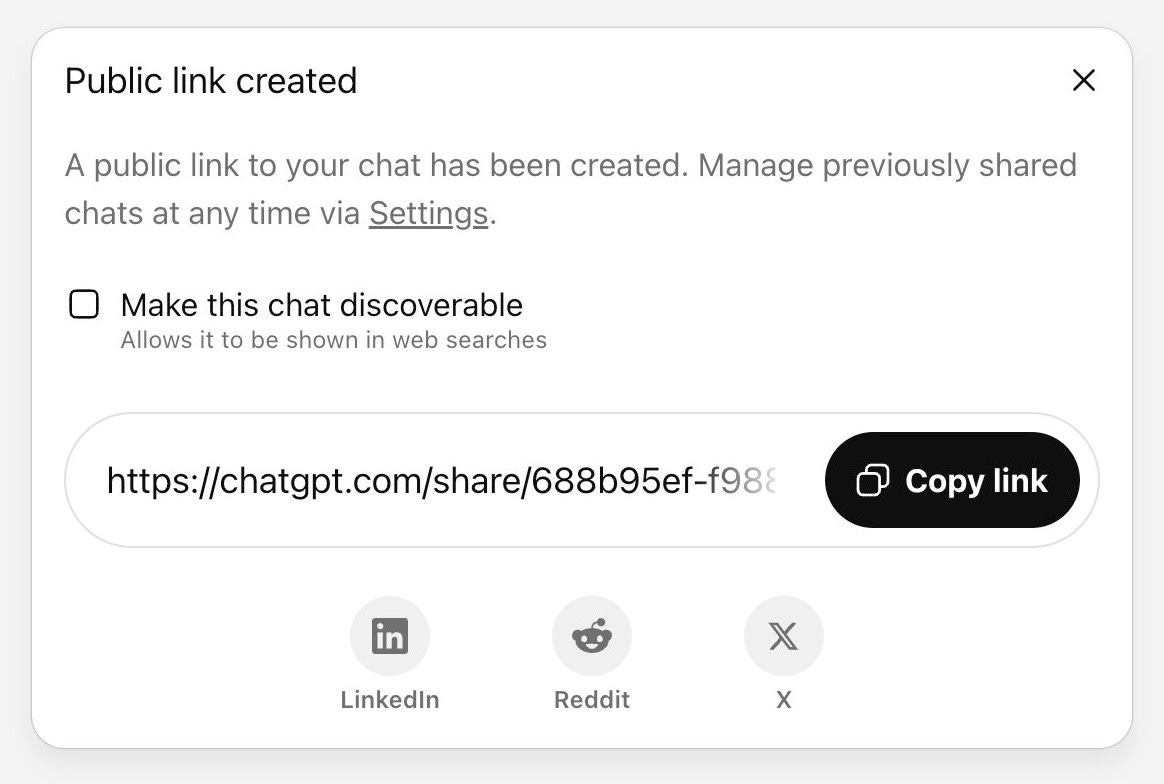 Screenshot of a chat sharing dialog with title "Public link created" and X close button. Text reads "A public link to your chat has been created. Manage previously shared chats at any time via Settings." Below is an unchecked checkbox labeled "Make this chat discoverable" with subtitle "Allows it to be shown in web searches". The sharing URL shown is "https://chatgpt.com/share/688b95ef-f986" with a black "Copy link" button. At bottom are three social sharing icons for LinkedIn, Reddit, and X.