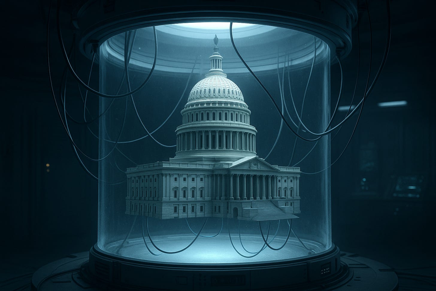 The Capitol Building floating in a pool of water, inside a cylinder, with wires attached