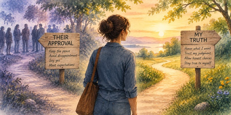 Woman at a crossroads choosing between seeking others’ approval and trusting her own judgment and choices. Woman at a crossroads choosing between seeking others’ approval and trusting her own judgment and choices.