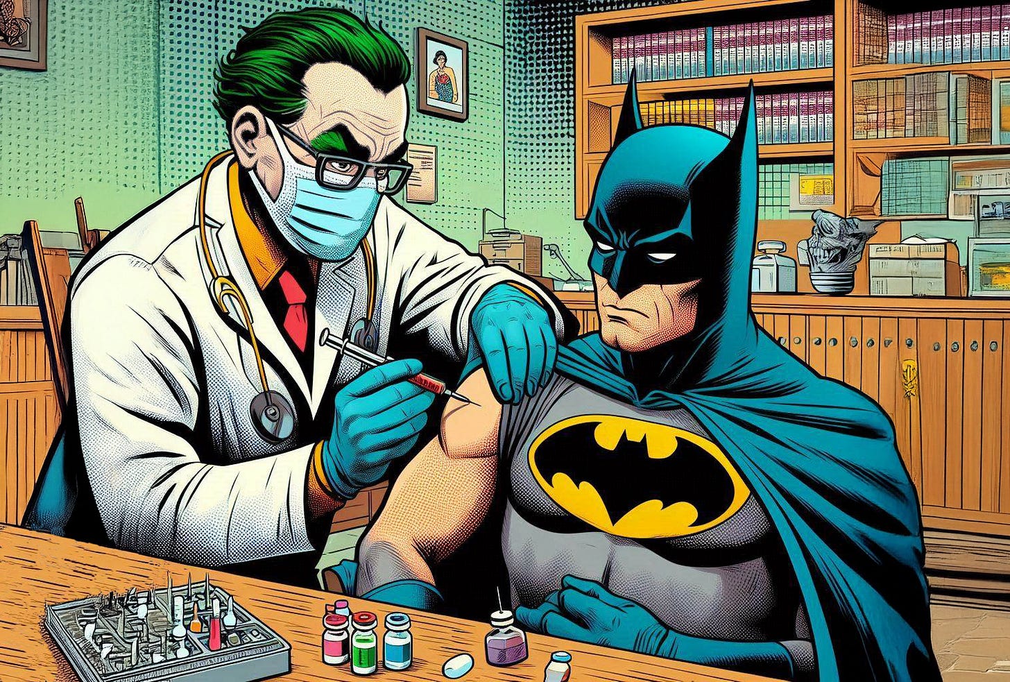 The Joker, disguised as a masked doctor, injects a resigned Batman with a vaccine in a questionable comic book tragedy