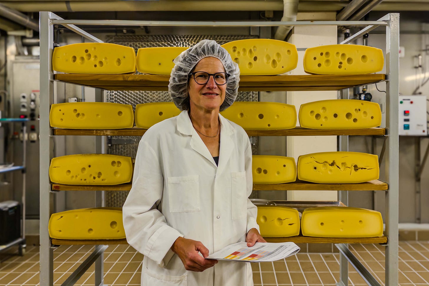 Marie-Therese Fröhlich steht in weissem Labormantel und Haube in der Versuchskäserei von Agroscope vor einem Regal mit 16 Laiben Emmentaler Dolce. Sie hält ein Blatt mit Auswertungen in der Hand, während hinter ihr die goldgelben Käse mit unterschiedlich grossen Löchern und Strukturen lagern. Marie-Therese Fröhlich steht in weissem Labormantel und Haube in der Versuchskäserei von Agroscope vor einem Regal mit 16 Laiben Emmentaler Dolce. Sie hält ein Blatt mit Auswertungen in der Hand, während hinter ihr die goldgelben Käse mit unterschiedlich grossen Löchern und Strukturen lagern.