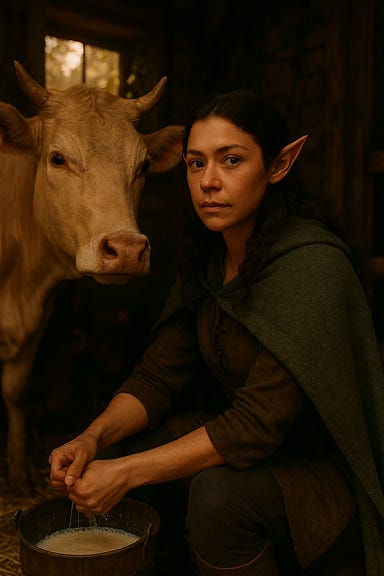 A dark fantasy image of Silverleaf, an elf with features reminiscent of actress Tatiana Maslany, milking a cow named Blini in a misty Barovian setting. Silverleaf has delicate elven features—slightly pointed ears, luminous eyes, and a calm, focused expression. Her hair is dark and braided loosely down her back. She wears a simple forest-green tunic and a leather belt with pouches. She kneels beside a large, gentle cow with pale fur and dark eyes, milking into a wooden bucket. The background shows Kretyana’s ivy-shrouded cottage with a lantern glowing softly in the mist. The atmosphere is serene and slightly eerie, with soft twilight light filtering through the fog. A dark fantasy image of Silverleaf, an elf with features reminiscent of actress Tatiana Maslany, milking a cow named Blini in a misty Barovian setting. Silverleaf has delicate elven features—slightly pointed ears, luminous eyes, and a calm, focused expression. Her hair is dark and braided loosely down her back. She wears a simple forest-green tunic and a leather belt with pouches. She kneels beside a large, gentle cow with pale fur and dark eyes, milking into a wooden bucket. The background shows Kretyana’s ivy-shrouded cottage with a lantern glowing softly in the mist. The atmosphere is serene and slightly eerie, with soft twilight light filtering through the fog.