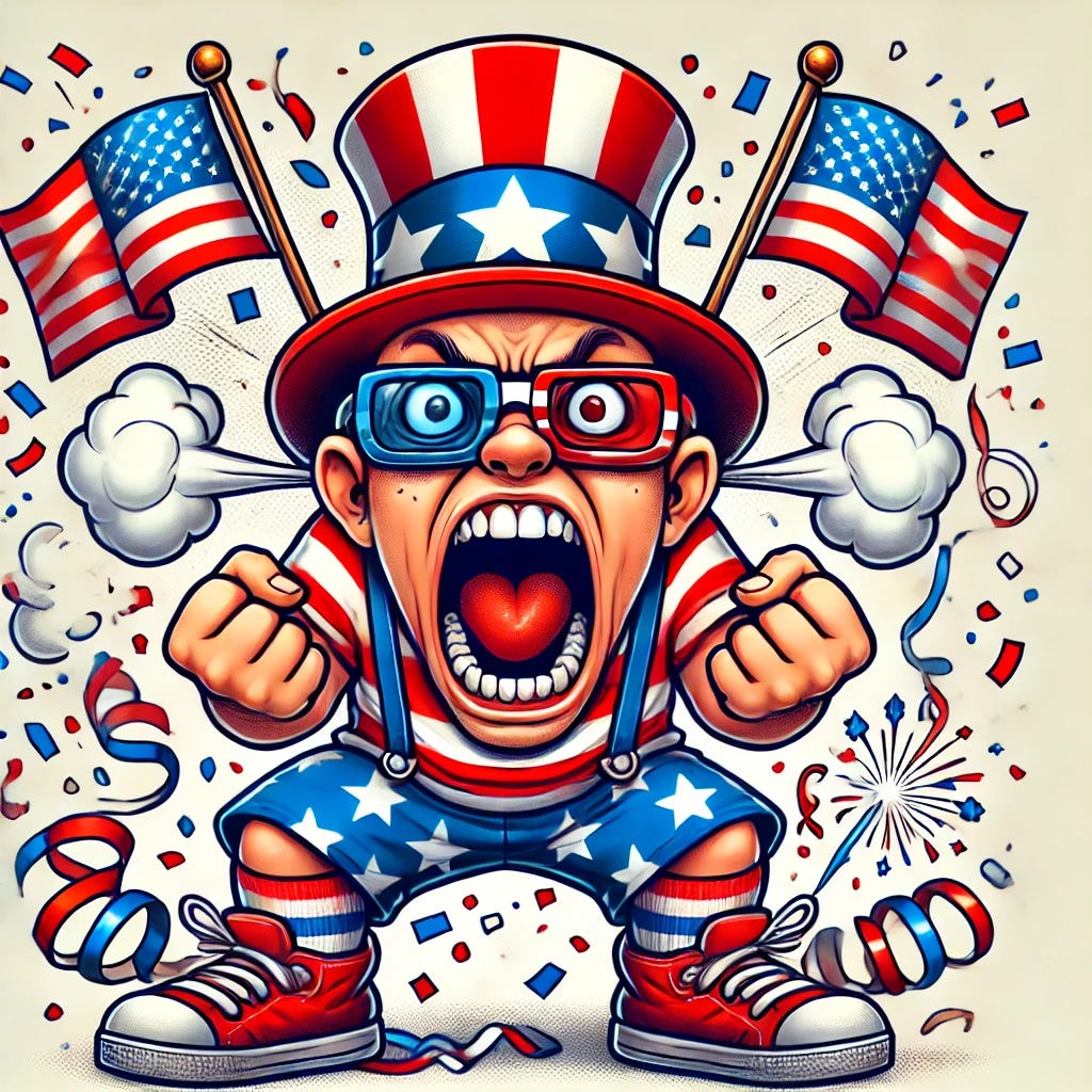 A humorous illustration of an angry patriot, dressed in red, white, and blue attire, losing their mind in a comically exaggerated way. The character is wearing a patriotic hat, waving tiny American flags, and yelling with a wildly exaggerated expression. Their eyes are wide, fists clenched, and there are cartoonish 'steam' clouds coming out of their ears. The background shows confetti, streamers, and patriotic decorations, adding a silly and lighthearted vibe to the image.