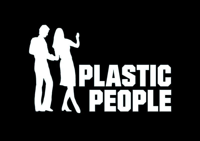 Logo of the legendary Shoreditch nightclub Plastic People. The white san-serif text is in capital letters on a black background, and to its left are the white silhouettes of a man and women dancing. I miss this place so much.