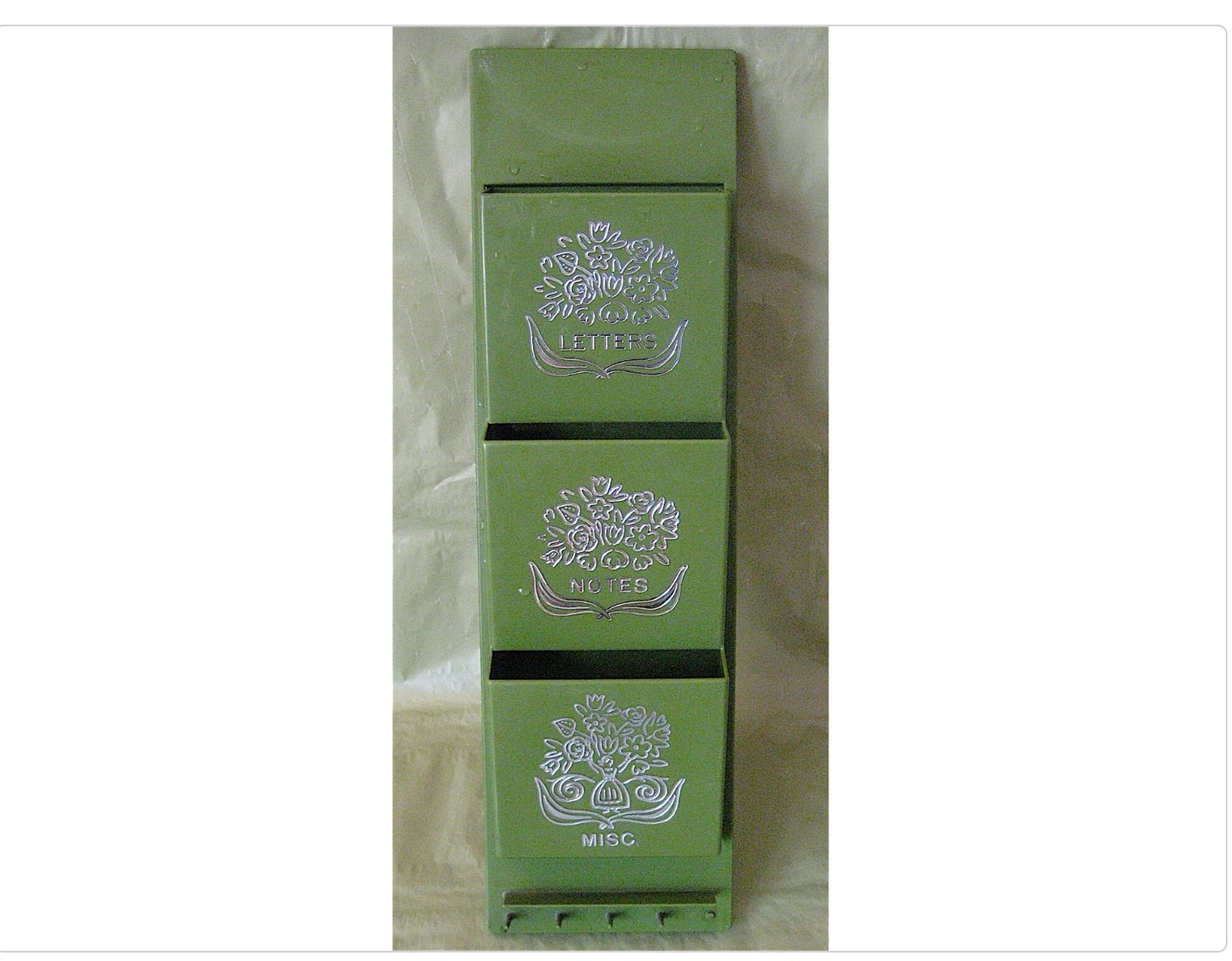 Photo of an avocado green organizer with three compartments labeled "LETTERS," "NOTES," and "MISC." The caption notes this item sold on Etsy for $12 in 2008 after failing to sell on eBay for 99 cents. Photo of an avocado green organizer with three compartments labeled "LETTERS," "NOTES," and "MISC." The caption notes this item sold on Etsy for $12 in 2008 after failing to sell on eBay for 99 cents.