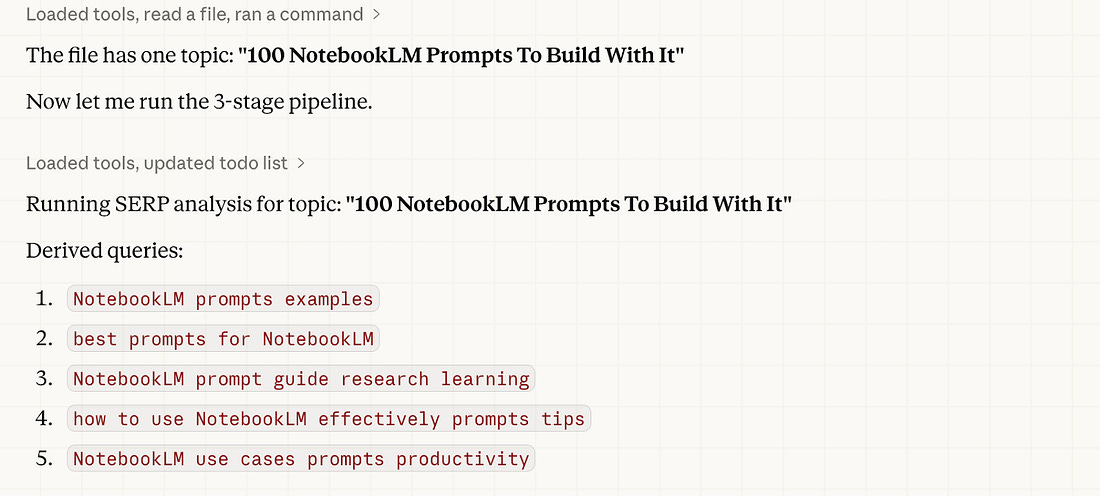 Claude Cowork running SERP analysis for the 100 NotebookLM Prompts topic via the Apify Google Search Results Scraper