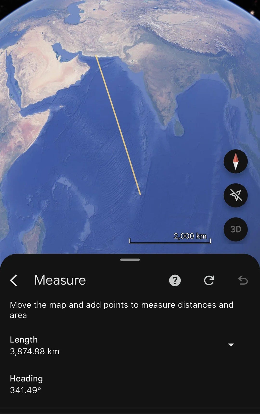 May be an image of map, eclipse and text that says '2,000 2,000km km < Measure ? Move the map and add points to measure distances Mouetemapardaenn and area Length 3,874.88 km Heading 341.49°'