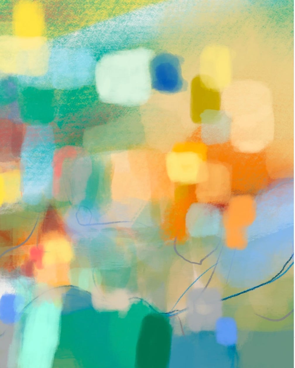 Soft, abstract digital painting with layered translucent blocks of color—teal, blue, yellow, orange, and pale green—floating across a hazy background. The shapes blur into one another like distant lights or drifting thoughts, while faint, loose lines weave through the lower portion, suggesting movement beneath the surface. The overall mood is spacious and contemplative, evoking a sense of awareness expanding beyond the busy patterns of the mind. Soft, abstract digital painting with layered translucent blocks of color—teal, blue, yellow, orange, and pale green—floating across a hazy background. The shapes blur into one another like distant lights or drifting thoughts, while faint, loose lines weave through the lower portion, suggesting movement beneath the surface. The overall mood is spacious and contemplative, evoking a sense of awareness expanding beyond the busy patterns of the mind.