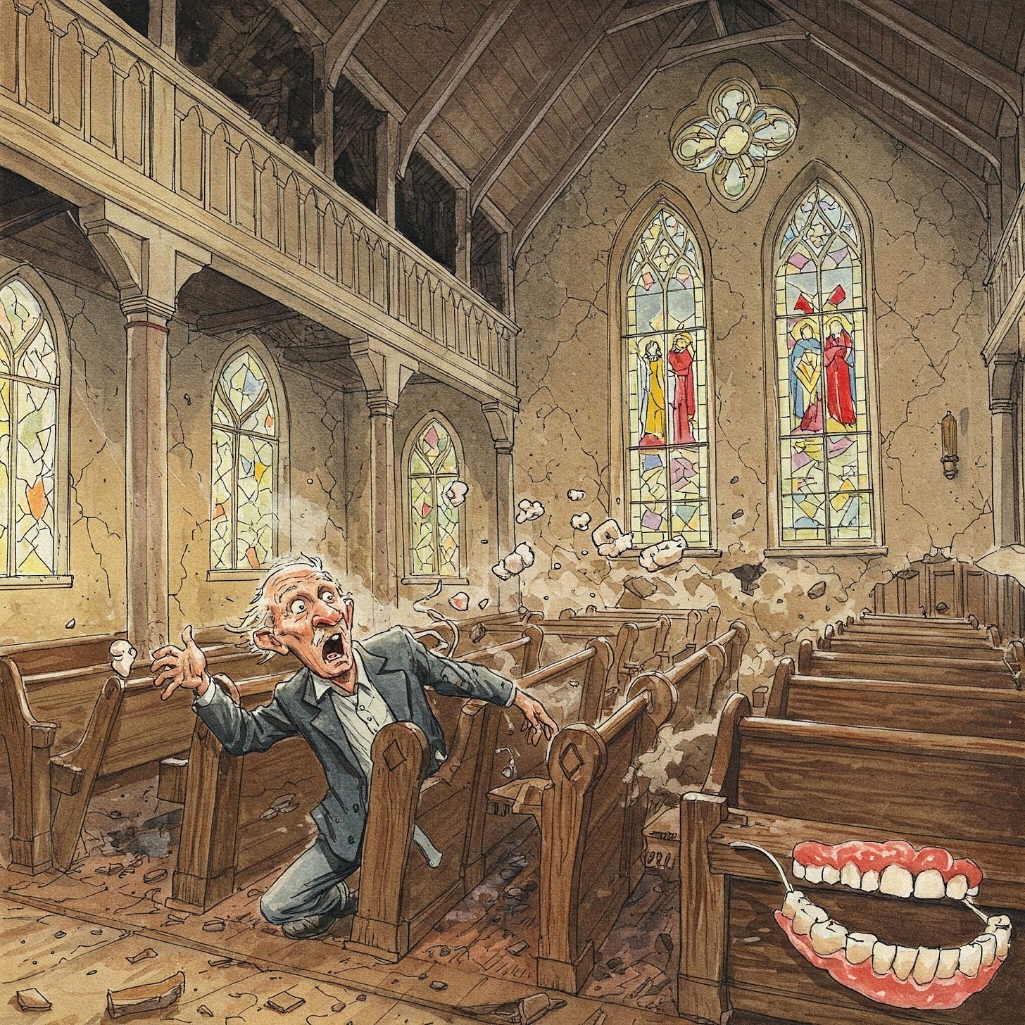 Image of elderly man with loose dentures loosing them in the earthquake.