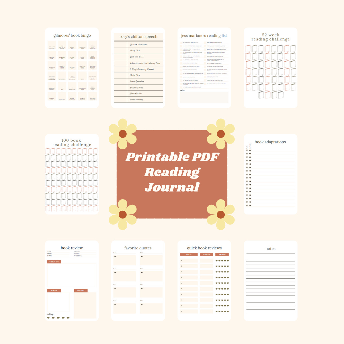 collage of printable pdf reading journal pages