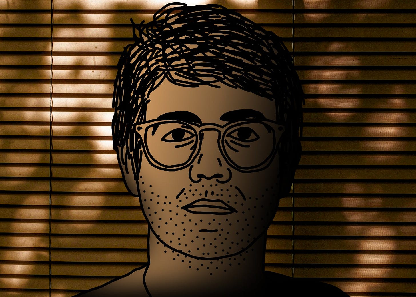 A black line drawing of Alex, the protagonist of "I Hear You Watching." He is white, short messy parted hair, glasses. He stares straight at you, unsmiling. He has a five-o’clock shadow and bags under his eyes. Behind him is a windowpane with closed Venetian blinds and spots of orange streetlight. Alex’s face is in partial shadow.
