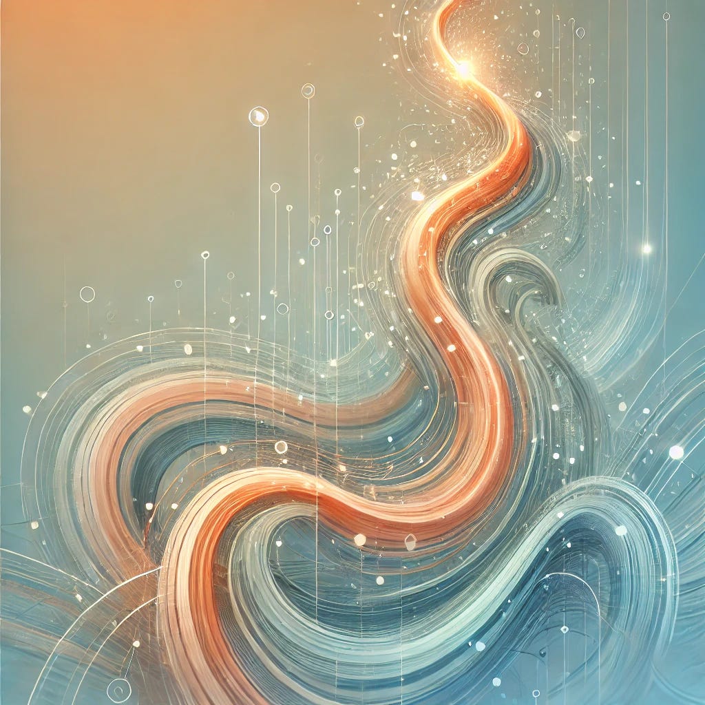 An abstract image featuring intertwining upward curves that start at the lower edge and gracefully ascend toward the top, embodying the concept of progress. These curves are composed of light orange and light blue hues, which blend softly where they meet, symbolizing the fusion of ideas and shared human understanding. The background is a subtle gradient, shifting from light blue at the base to light orange at the top, reinforcing the themes of transition and advancement. Delicate abstract elements, such as glowing dots or faint geometric patterns, are sprinkled along the curves, representing moments of insight and enlightenment. The overall design represents progress through upward movement and human understanding through the intertwining and blending of elements, showcasing connection and unity. The color symbolism includes light orange for warmth, creativity, and enthusiasm, and light blue for trust, wisdom, and intelligence, together representing a harmonious balance between innovation and knowledge.