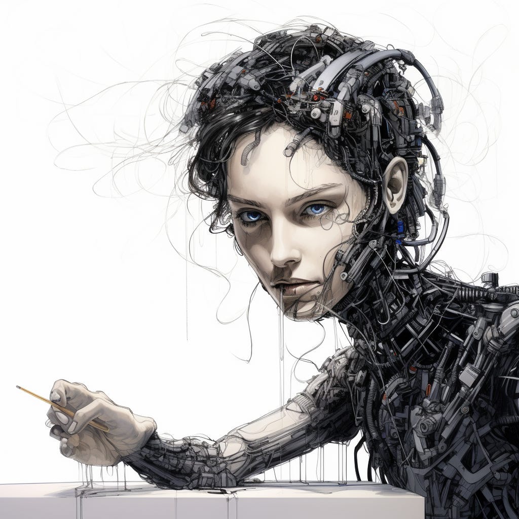 A mostly androgynous robot holds a pen, poised for requests. Ink drips from much of her body. They stare directly at us through the screen. A mostly androgynous robot holds a pen, poised for requests. Ink drips from much of her body. They stare directly at us through the screen.