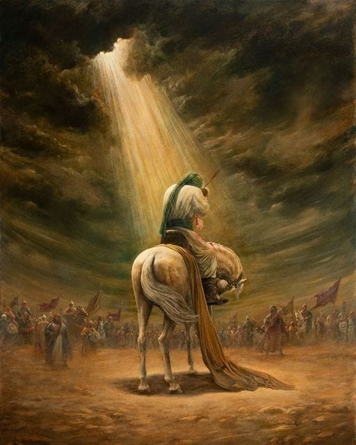This may contain: a painting of a man riding on the back of a horse