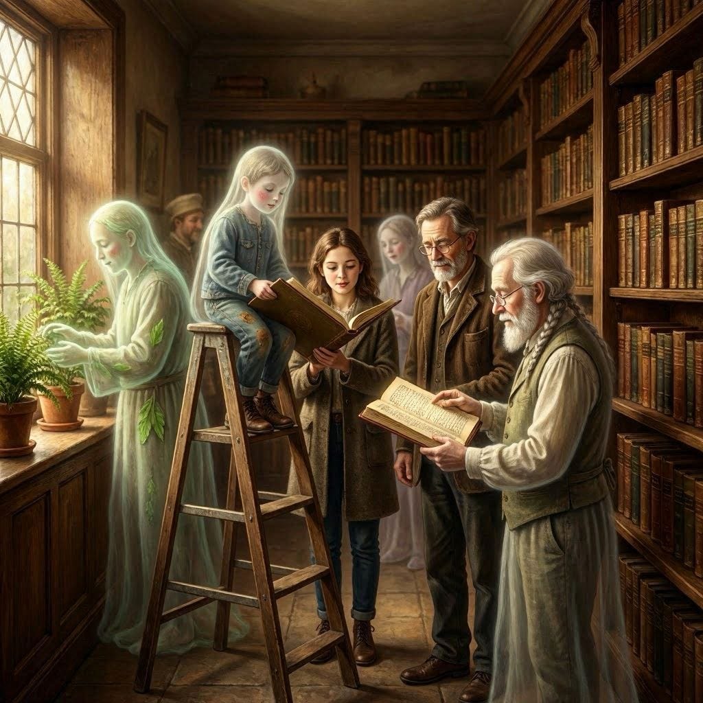 An image of ghosts not as scary or harmful but as wise and helpful 