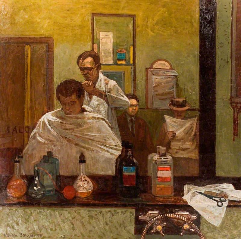 Short Back and Sides, 1958. © estate of William Bowyer. All rights reserved, DACS 2024. Image credit: The Potteries Museum & Art Gallery Short Back and Sides, 1958. © estate of William Bowyer. All rights reserved, DACS 2024. Image credit: The Potteries Museum & Art Gallery