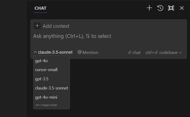 Cursor AI visual studio code screenshot. Language model selection dropdown Cursor AI visual studio code screenshot. Language model selection dropdown